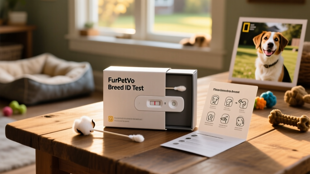 DNA test kit box with swab and instructions, labeled 'FurPetVo Breed ID Test'