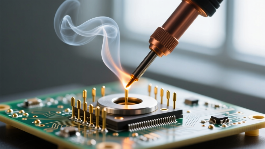 Macro photography of a soldering iron tip touching the pins of a rotary encoder on a custom macro pad PCB, with flux smoke gently rising.