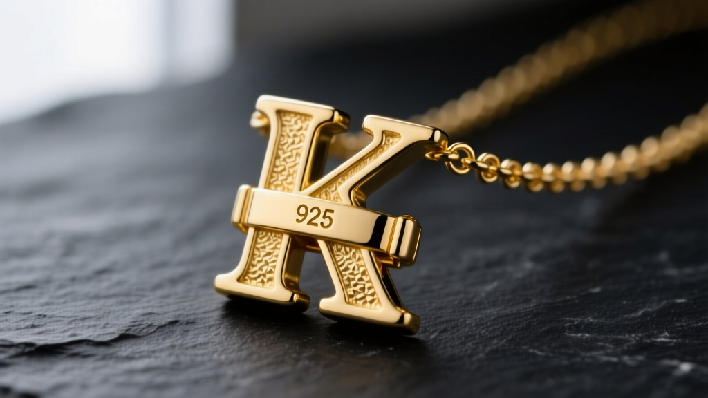 Macro view of a gold vermeil letter K necklace clasp showing the 925 stamp, on dark slate to highlight the thick gold finish.