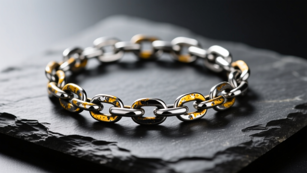 Tarnished 925 sterling silver chain on dark slate, showing the yellow-to-black silver sulfide gradient before chemical cleaning.