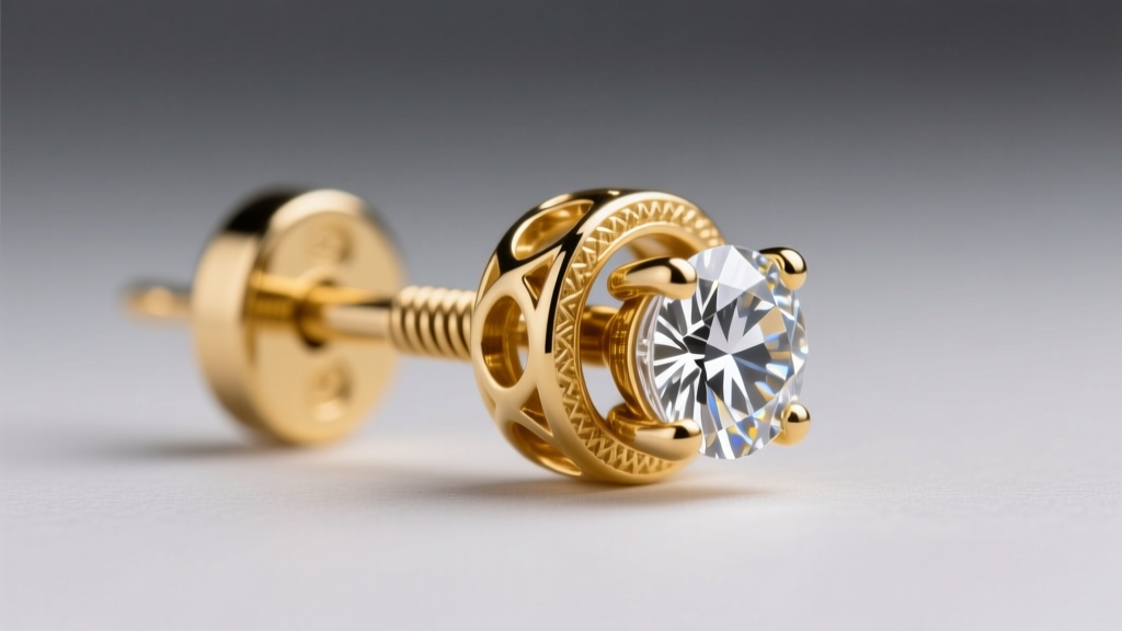 Macro shot of a 14k yellow gold locking earring clasp mechanism engaged on a polished diamond stud post in soft light.