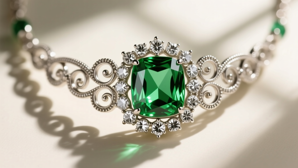 Close-up of an Edwardian antique peridot necklace with a 5-carat cushion-cut peridot surrounded by old-mine diamonds in platinum.