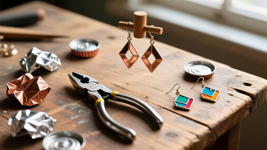 Flat lay of jewelry pliers, aluminum soda tabs, and finished upcycled pop tab earrings on a rustic wooden crafting table.