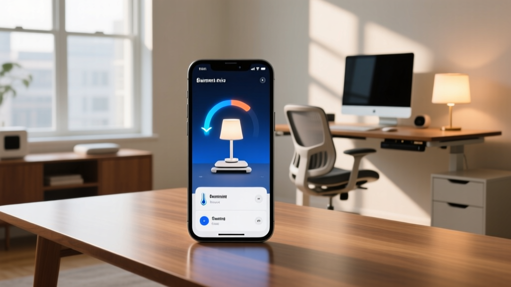 Smartphone displaying a dashboard controlling smart desk gadgets, lamp brightness, temperature, and standing desk height.