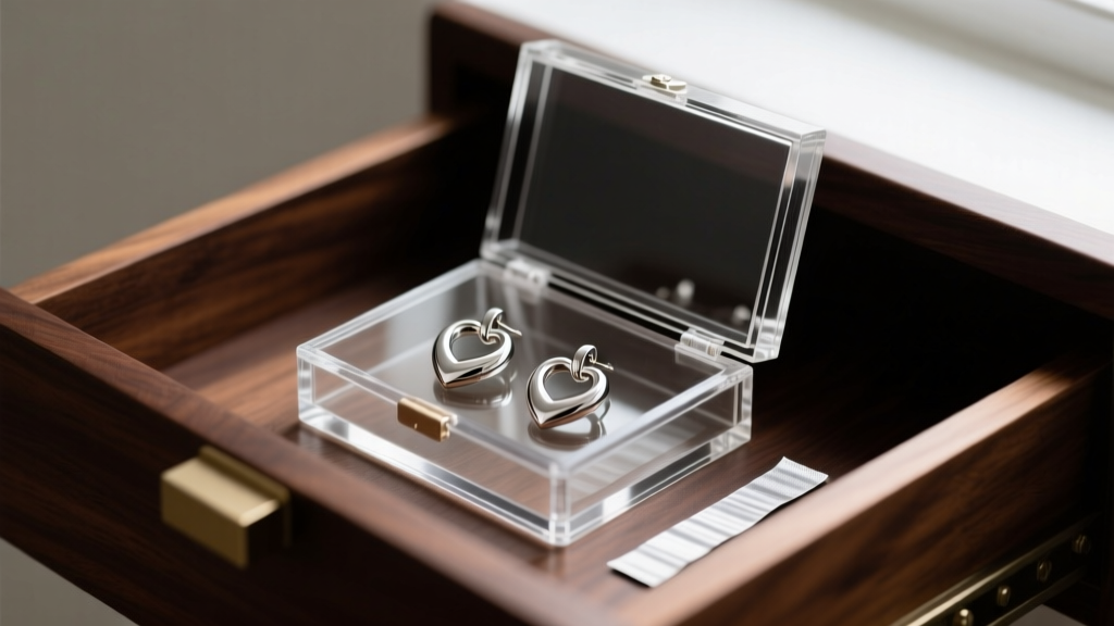Airtight acrylic jewelry box showing polished silver heart hoop earrings stored with anti-tarnish strips in a dark walnut drawer