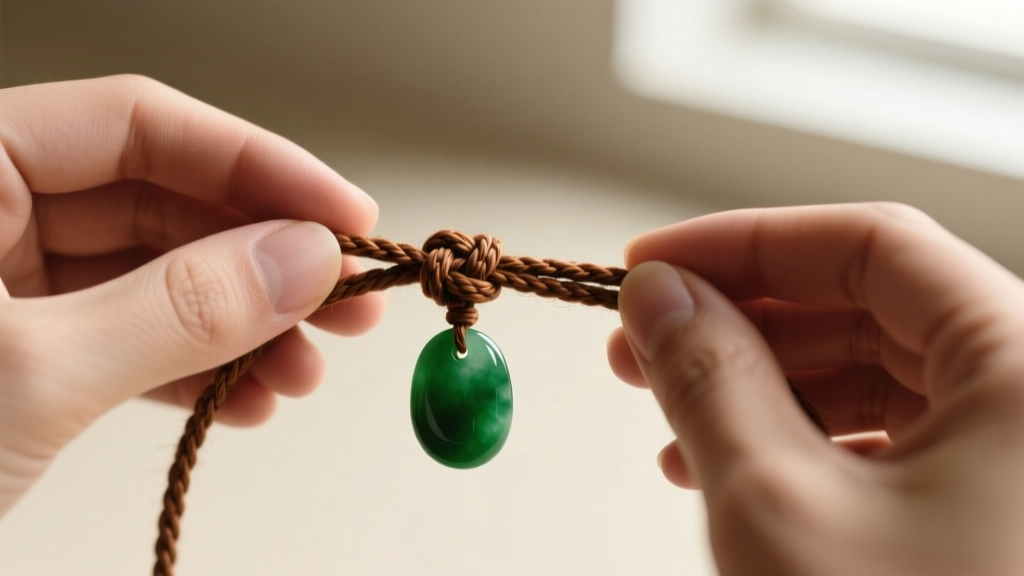 Close-up of hands braiding 1.5mm waxed brown hemp cord using a sliding knot, with a finished green stone pendant resting nearby