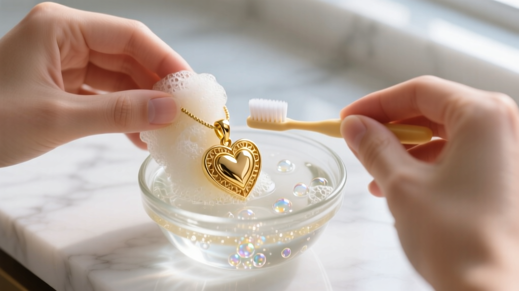 Hands gently scrubbing a solid 14k gold two heart pendant with an ultra-soft baby toothbrush in a small glass bowl of soapy water