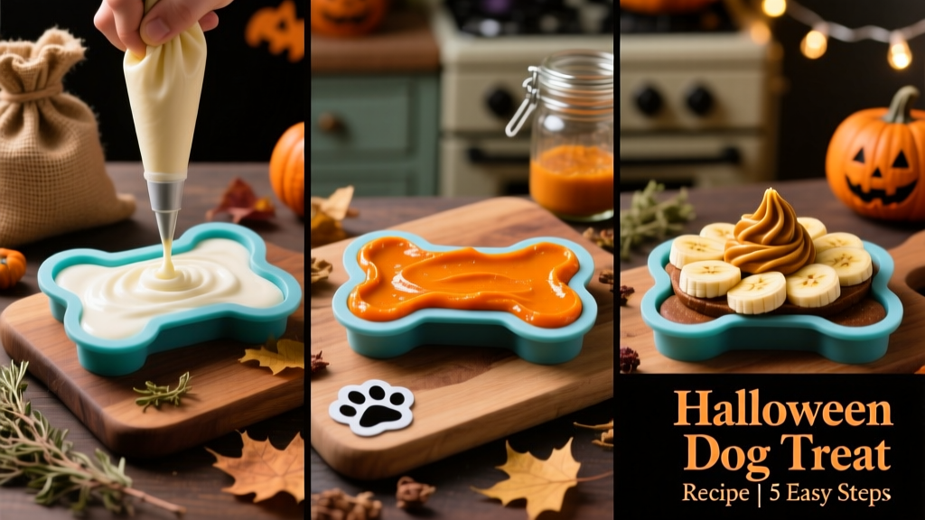 Step-by-step collage showing yogurt base, pumpkin middle layer, and banana top layer being piped into a bone-shaped mold