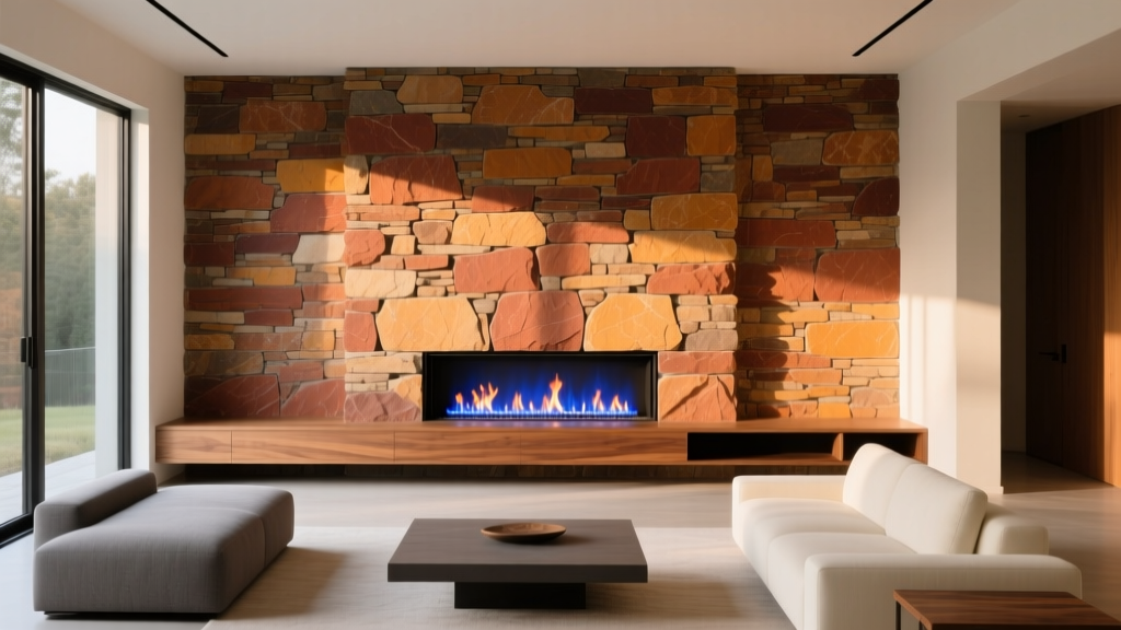 Dry-stack manufactured ledgestone veneer in warm earth tones surrounding a modern linear gas fireplace insert in a dimly lit living room