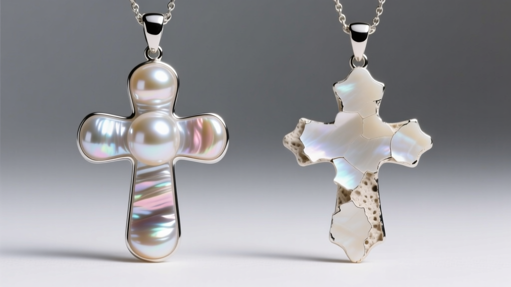 Side profile comparison of two pearl cross pendants showing thick nacre layers on the left and thin, peeling nacre on the right.