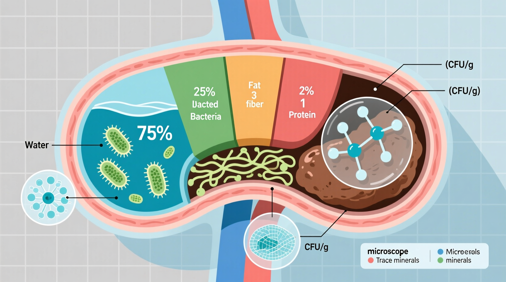 Scientific diagram showing human fecal composition analysis