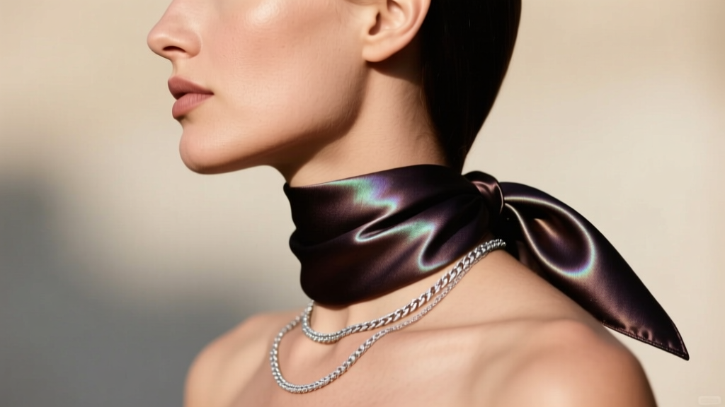 Side profile of a woman wearing a 19-momme silk kerchief necklace layered with a delicate sterling silver chain in daylight