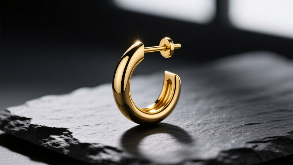 Macro photography of a polished 20-gauge 14k yellow gold French ear wire earring resting on dark slate with dramatic side lighting
