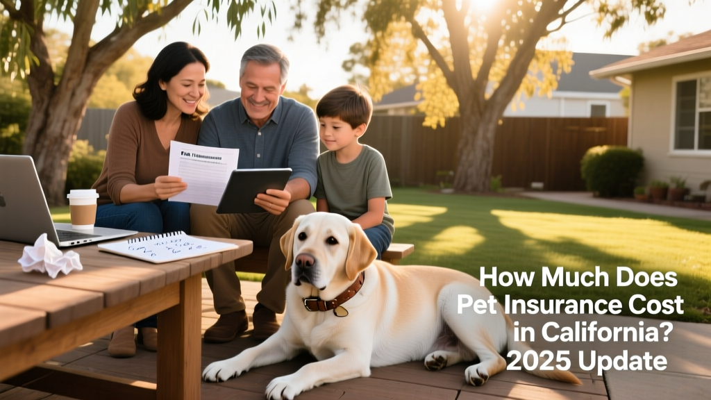 A California family reviewing pet insurance documents on a tablet while their senior Labrador rests nearby