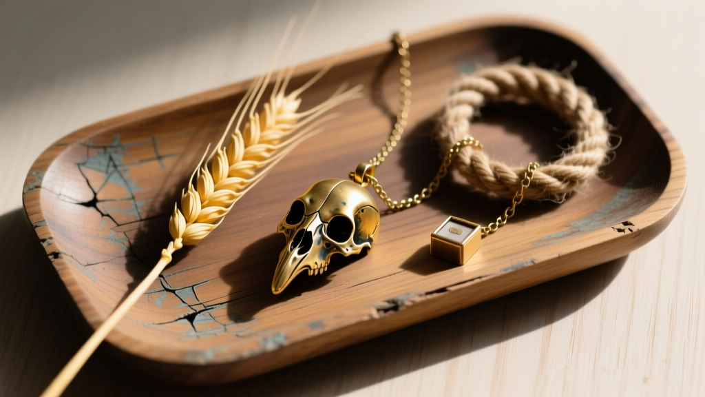 Flat lay of 3mm wheat, rope, and box chains next to a brass crow skull pendant on a scratched wooden jeweler's workbench.