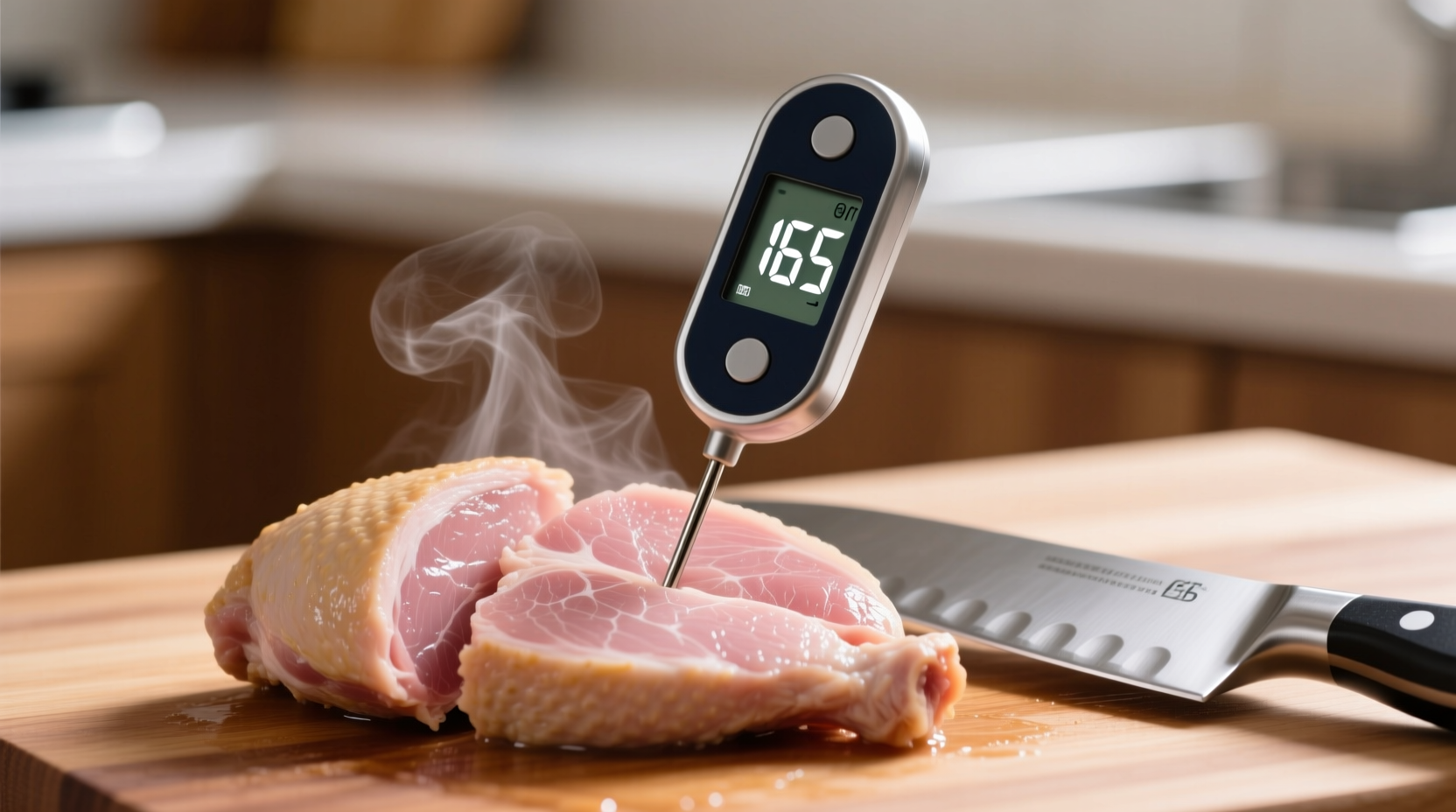 Digital thermometer showing 165 degrees in chicken breast