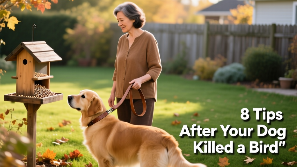 A person calmly holding their dog's leash while gently guiding them away from a bird feeder