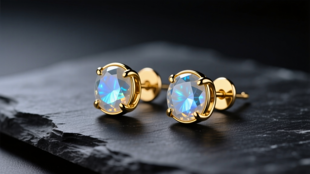 14k yellow gold moonstone stud earrings on dark slate, highlighting the blue adularescence flash under soft studio lighting