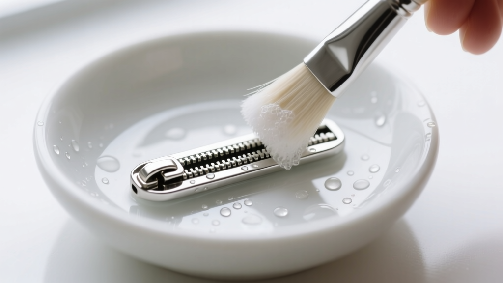 Macro shot of a silver jewelry zipper slider being cleaned with a soft brush and soapy water in a small white ceramic bowl.