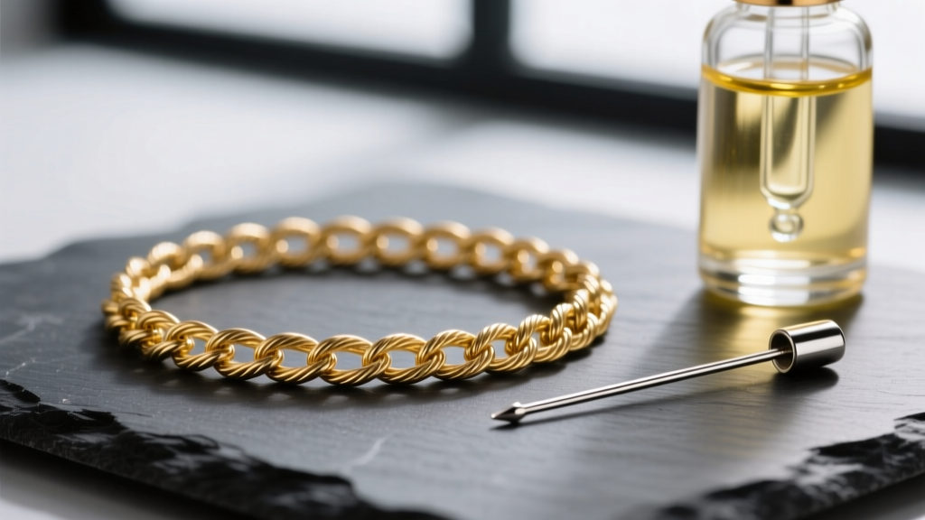 Macro shot of a knotted 0.8mm 14k gold cable chain on dark slate, alongside a straight pin and a glass dropper bottle of mineral oil