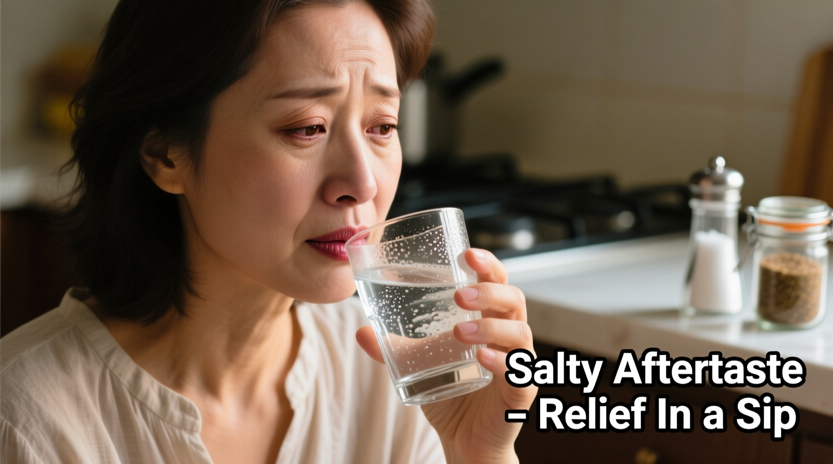 Woman drinking water from glass to relieve salty taste