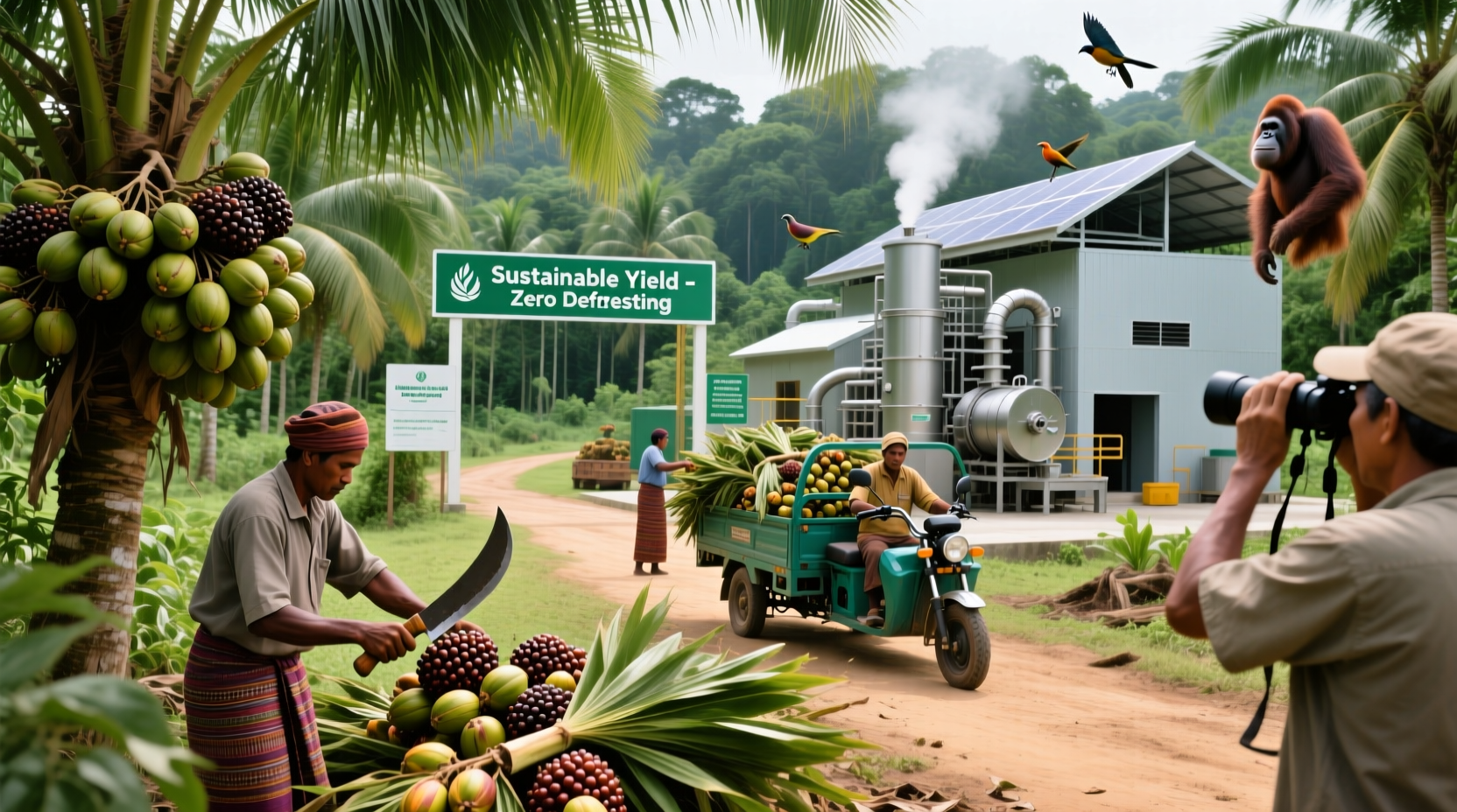 Palm oil extraction process in sustainable plantation