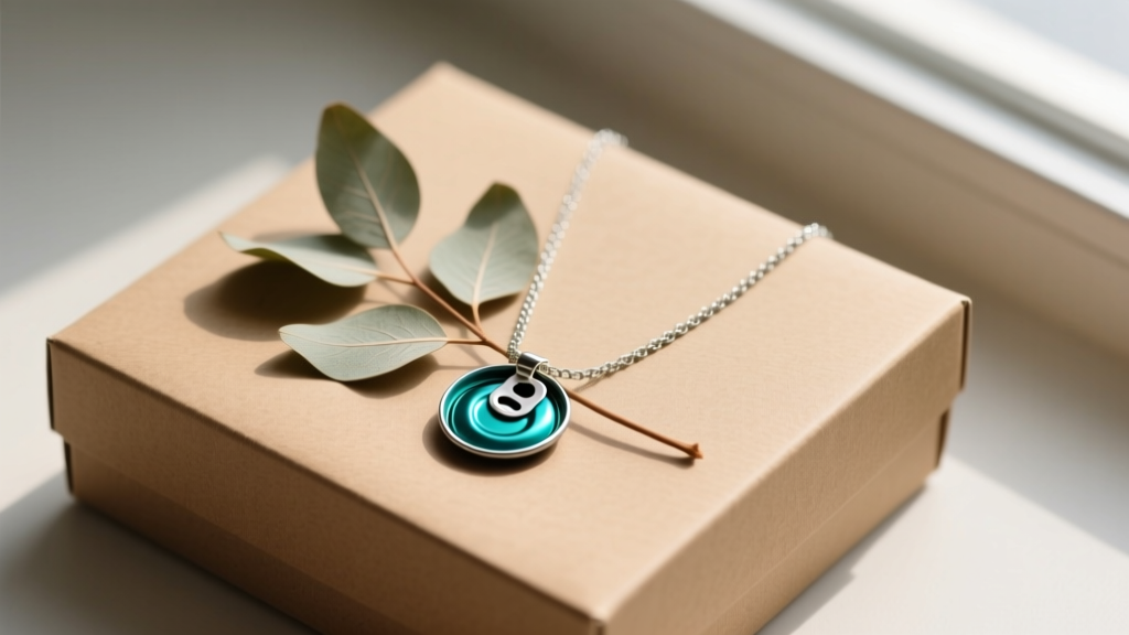 Anodized teal soda tab necklace on a recycled kraft gift box, styled with dried eucalyptus leaves and soft natural lighting