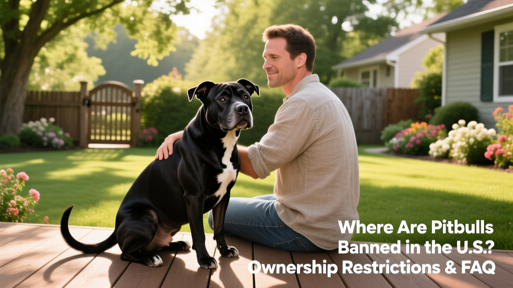 A well-socialized, friendly Pitbull sitting calmly beside its owner in a sunny backyard