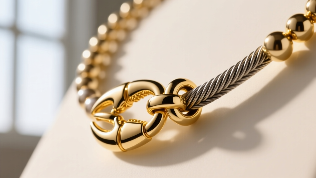 Detailed view of a beaded necklace clasp showing a sturdy 14k gold-filled lobster claw attached to a nylon-coated steel wire.