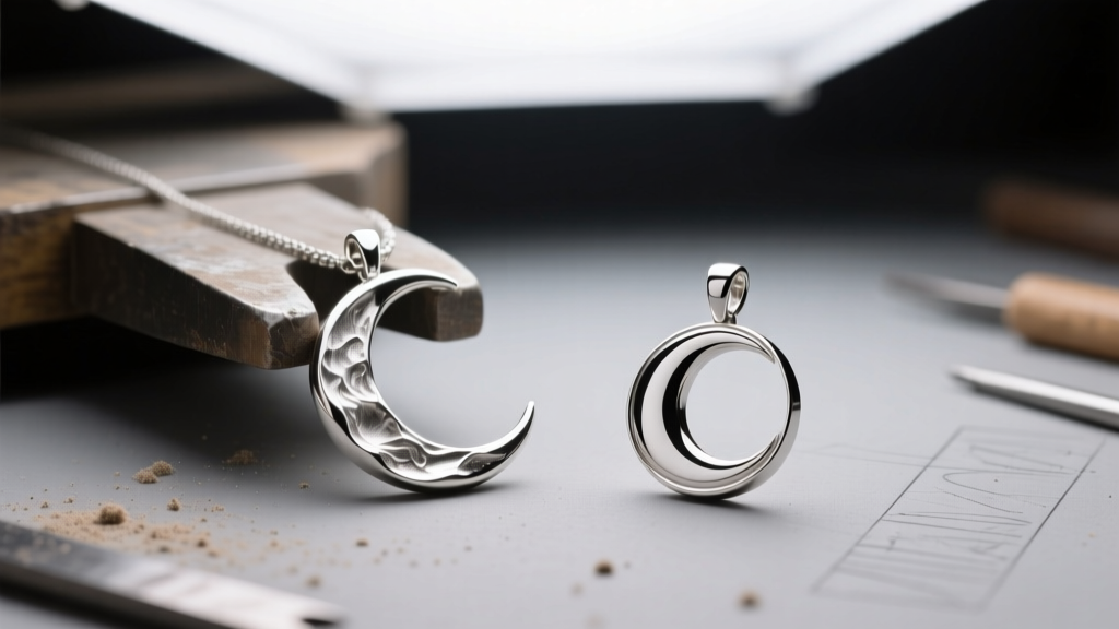 Close-up on a jeweler bench comparing a cast silver crescent moon pendant with a die-struck version under bright studio light.