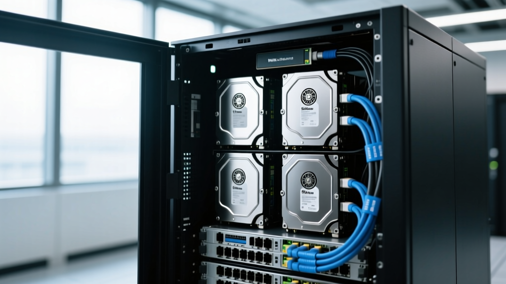 Close-up of an open server chassis showing enterprise-grade NVMe SSDs and 14TB Seagate Exos hard drives wired to a 10GbE network switch.