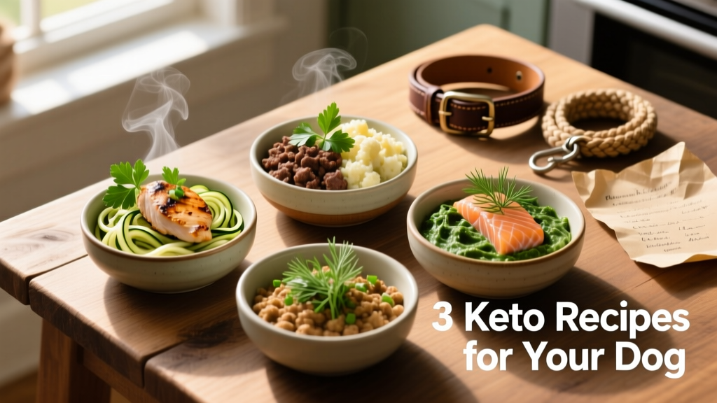 Overhead photo of three small bowls showing the three keto recipes side-by-side with fresh herbs garnishing each