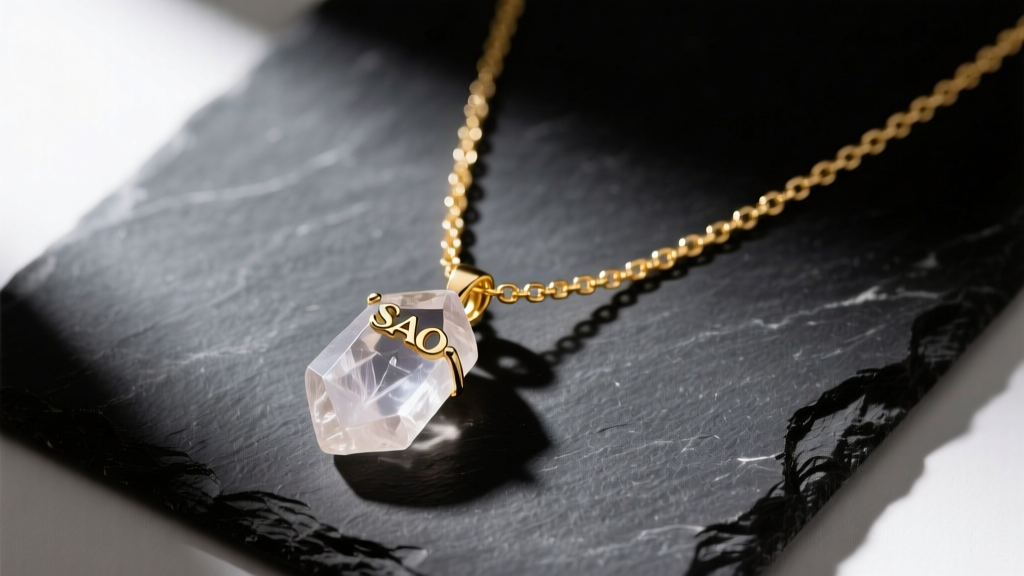 Flat lay of a SAQ necklace with a raw quartz pendant on an 18k gold chain, resting on dark slate under soft directional lighting.