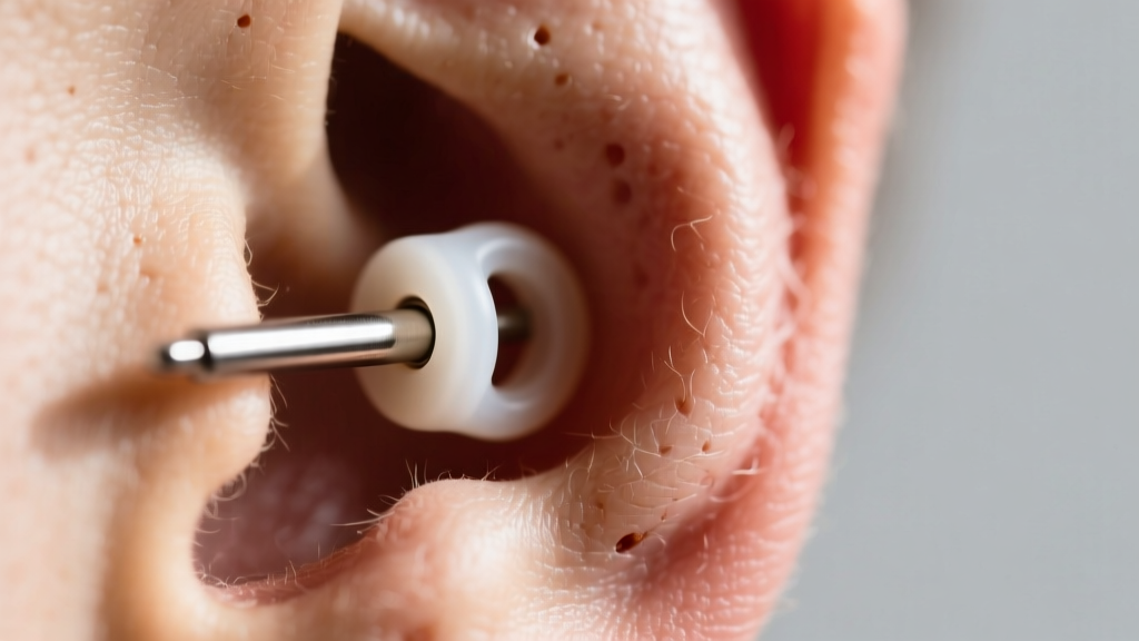Extreme close-up of an 18-gauge titanium earring post with a secure silicone O-back, inserted into a healed male earlobe piercing.
