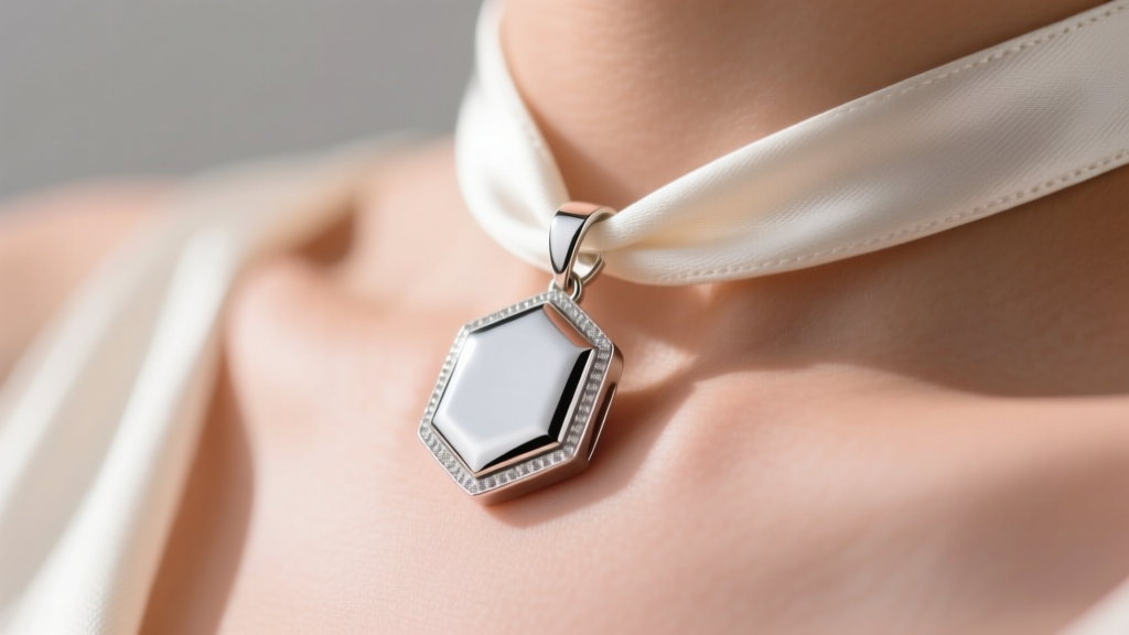 Macro shot of a polished niobium pendant on skin near a fabric halter strap, highlighting high metal reflectivity and smooth edges
