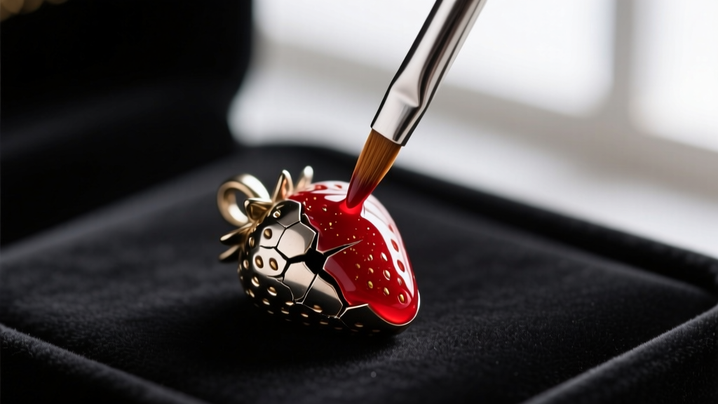 Macro shot of a fine brush applying glossy red resin to a chipped metal strawberry pendant on a jeweler's workbench.