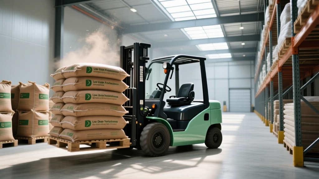 Forklift moving pallets of low-carbon Portland-limestone cement bags inside a modern, well-lit regional building materials distribution warehouse