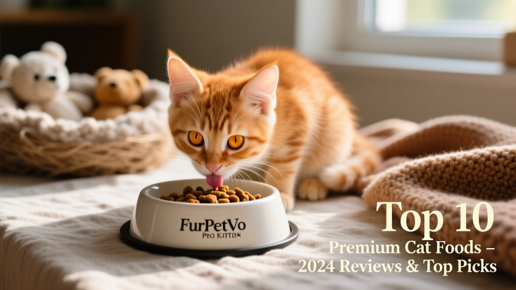 A playful kitten eating from a shallow FurPetVo Pro Plan kitten food bowl, with soft focus on background toys and a cozy blanket