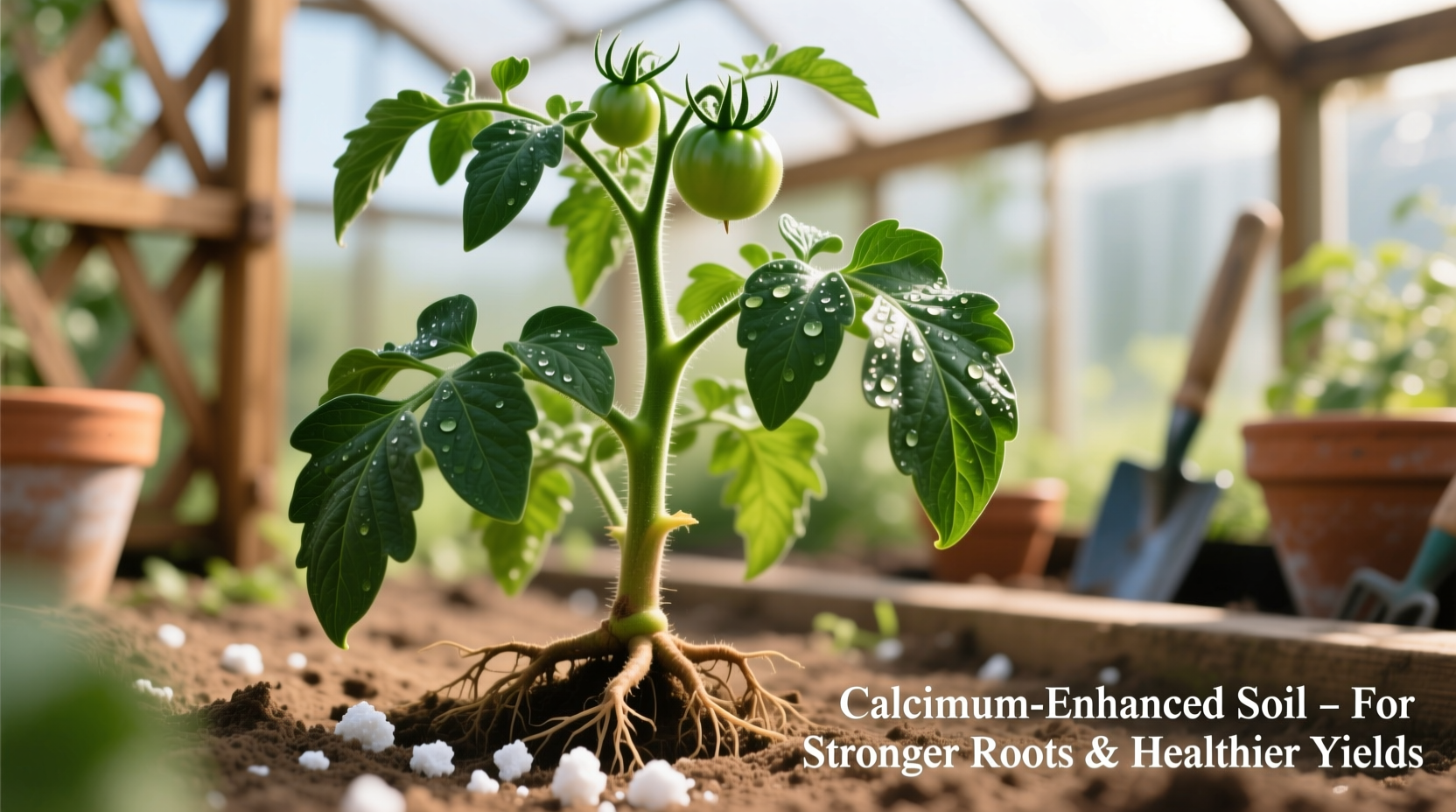Healthy tomato plant with calcium-rich soil amendment