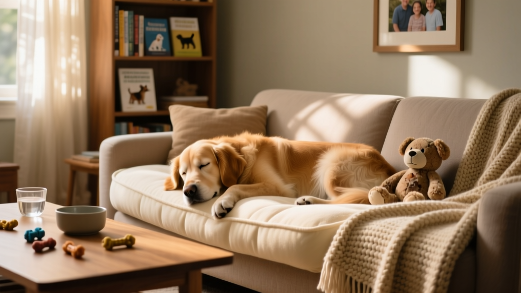 A calm dog resting quietly in a cozy, sunlit living room with a soft bed and favorite toy nearby