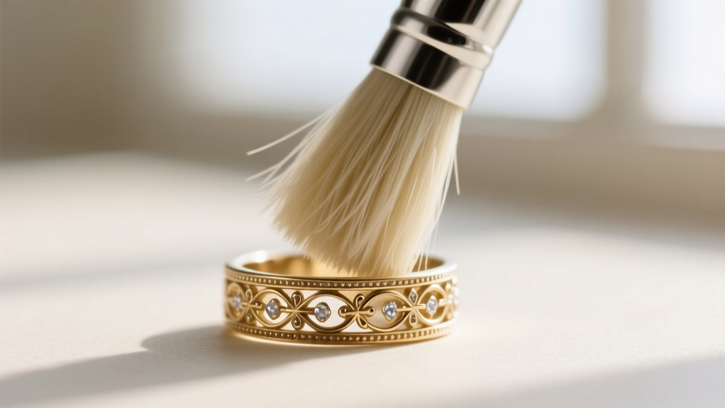 Macro shot of a soft-bristled brush gently scrubbing the intricate milgrain edges of an 18k white gold vintage ring.