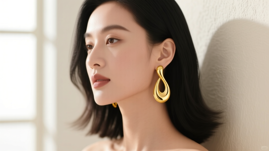 Elegant woman wearing 18k yellow gold tear drop earrings, soft studio lighting highlighting the reflective curved metal surface