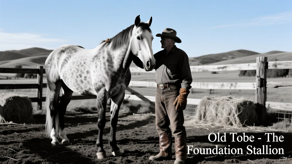 Historic black-and-white photo of Old Tobe, the foundational stallion, standing beside his owner Sam Tuttle