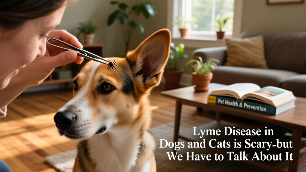 Pet parent carefully removing a tick from a dog's ear using tweezers
