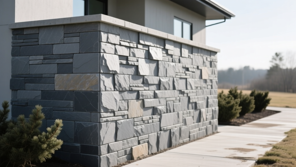 Budget manufactured stacked stone veneer in gray slate tones applied to an exterior foundation wall with fresh mortar joints