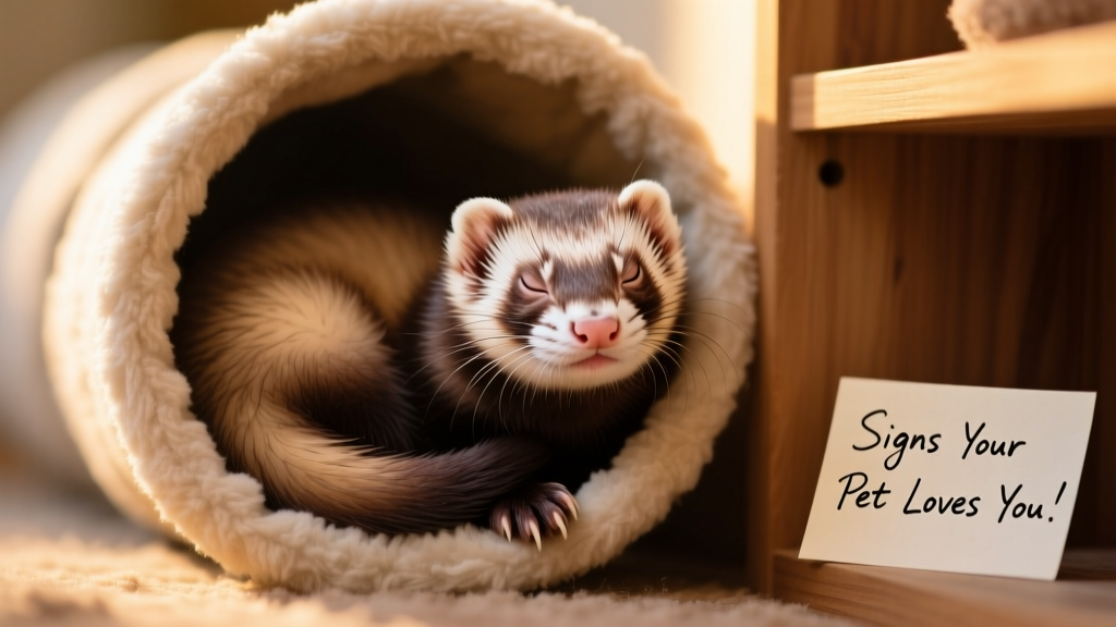 A ferret curled asleep in a fleece-lined tunnel, visible signs of contentment