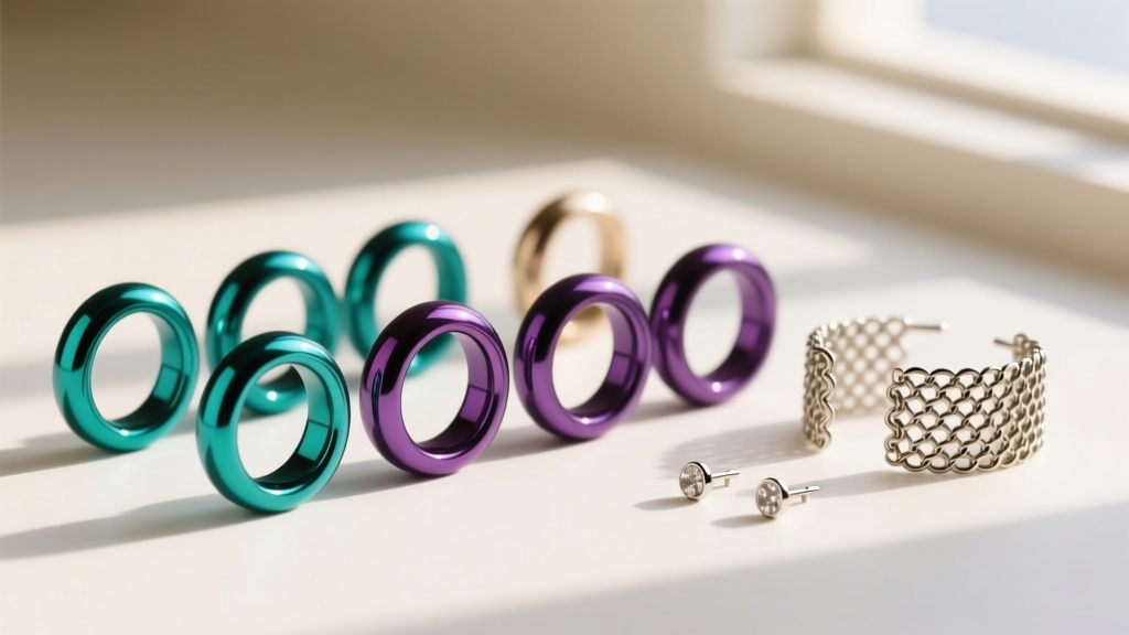 Anodized niobium jump rings in vibrant teal and purple arranged next to finished lightweight chain maille ear cuffs and studs