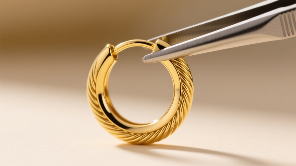 Close-up of 16-gauge 18k yellow gold 25mm hoop earring held by tweezers against a blurred background, showing wire thickness.