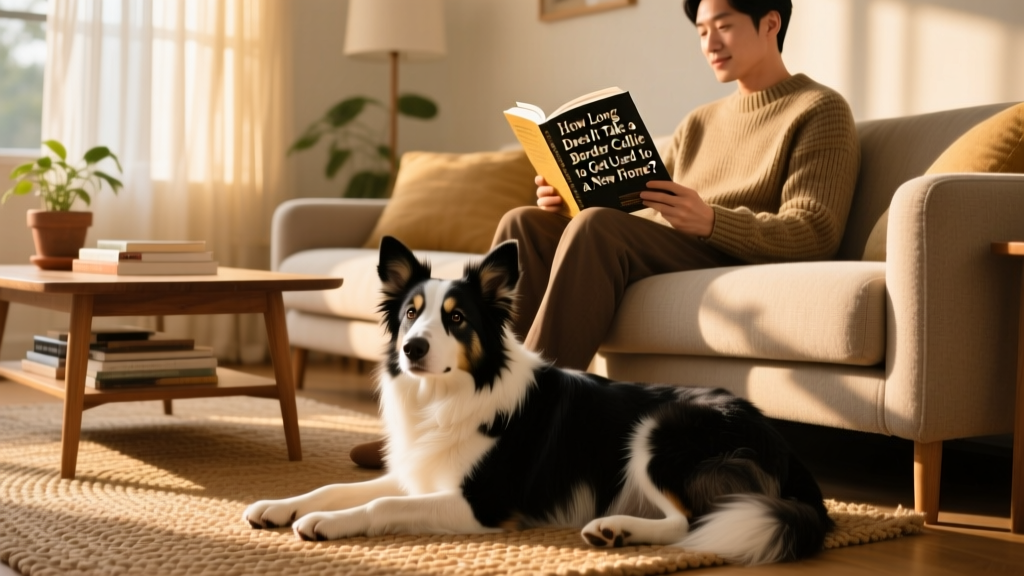 A relaxed Border Collie resting near its owner’s feet while they read on the sofa