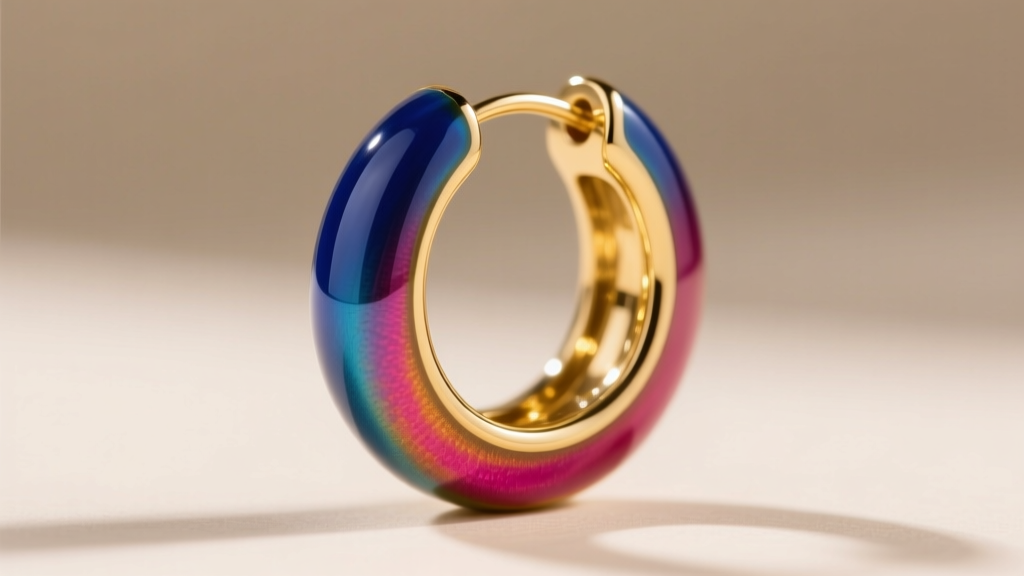 Macro photography of a vitreous enamel colorful hoop earring showing the glossy, glass-like finish and seamless gold backing.
